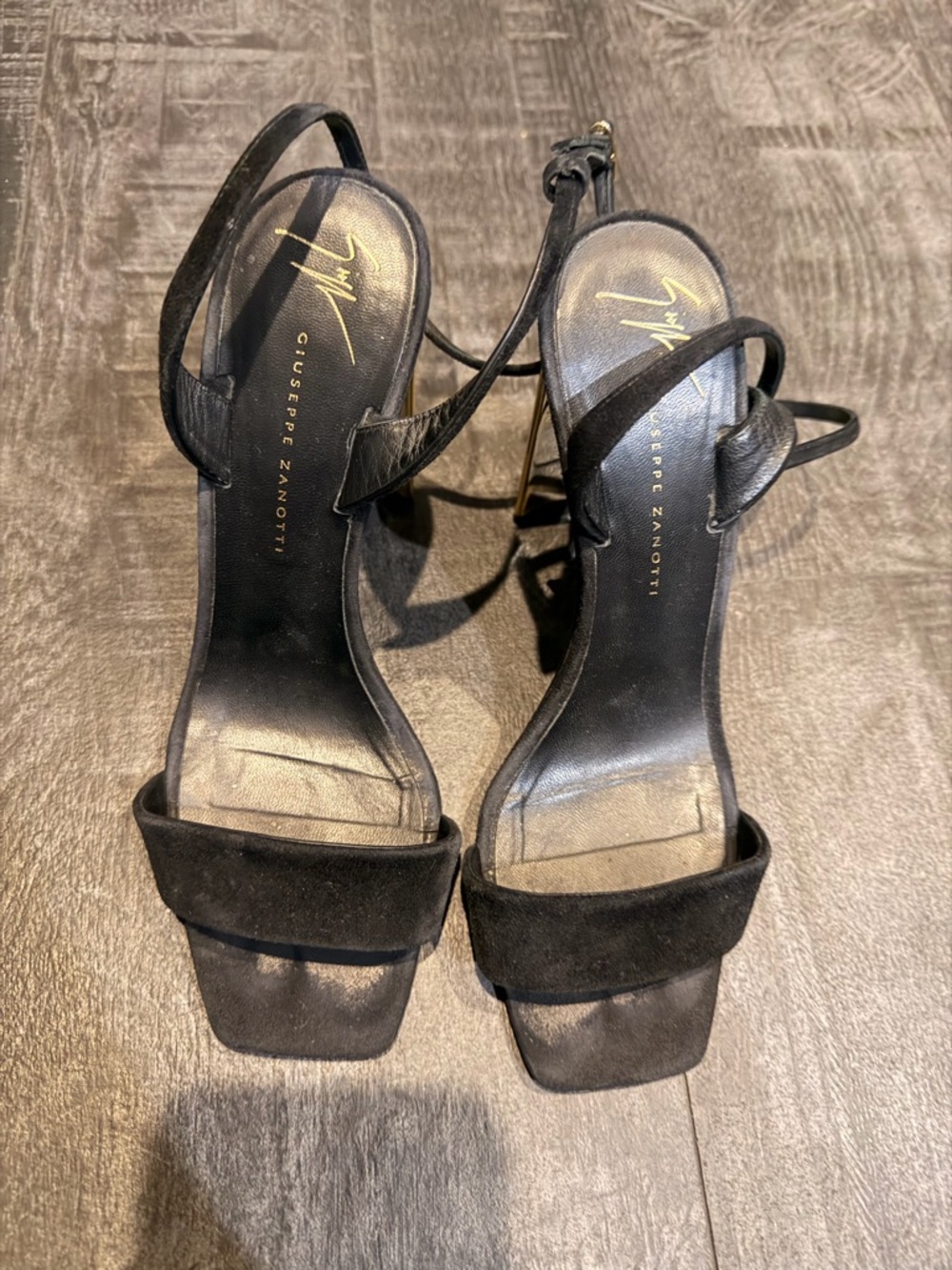 Giuseppe Zanotti Black Suede Strappy Square-Toe Heels with Gold Logo